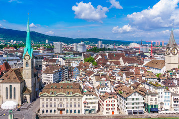 View on Cityscape of old town of Zurich from Grossmunster