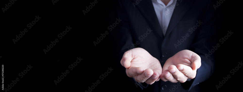 Poster man empty hands on darck background