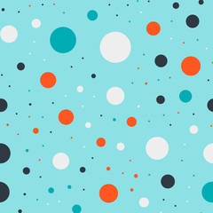 Colorful polka dots seamless pattern on bright 17 background. Sublime classic colorful polka dots textile pattern. Seamless scattered confetti fall chaotic decor. Abstract vector illustration.