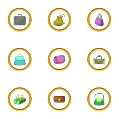 Bags and suitcases icons set, cartoon style