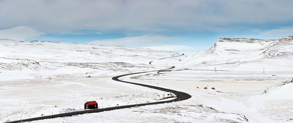 Panorama of icelandic mountain pass in winter