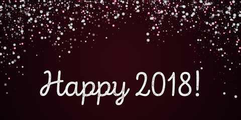 Happy 2018 greeting card. Beautiful falling snow background. Beautiful falling snow on wine red background. Pleasing vector illustration.