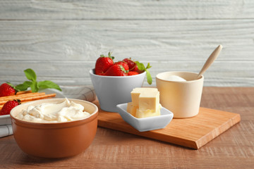 Ingredients for strawberry pretzel salad on table