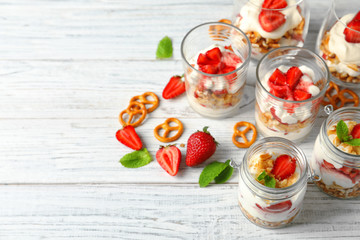 Strawberry pretzel salad on table