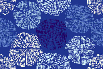 Tradycyjny ornament z nadrukiem drzeworyt. Kwiatowy wzór, ręcznie robiony motyw ludowy Wschodu z abstrakcyjnymi okrągłymi figurami. Niebieskie odcienie. Nadruk tekstylny. - 175281201