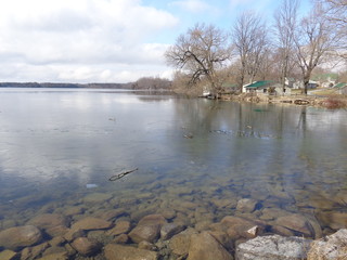 Scenic little bay with thin coating of ice, shoreline and trees in early spring.    

