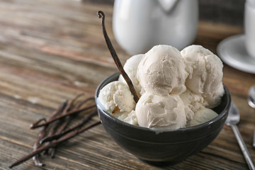 Bowl with yummy vanilla ice cream balls on wooden table