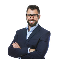 Handsome man in formal clothes on white background