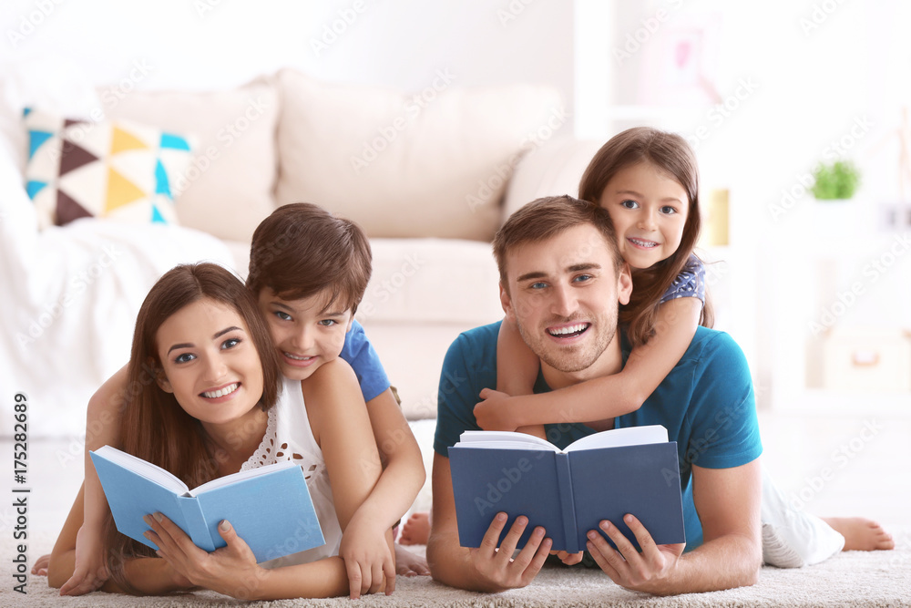 Poster happy family reading books at home