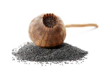 Pile of poppy seeds and dried pod on white background