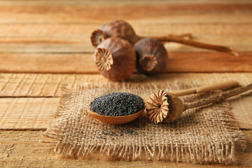 Poppy seeds and dried pods on wooden background