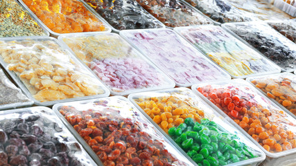 Different delicious sweets at market