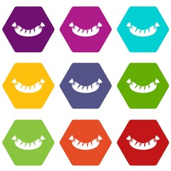 Grilled sausage icon set color hexahedron