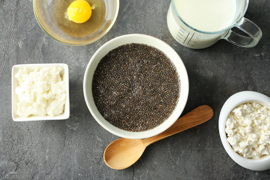 Ingredients for chia seed pudding on table