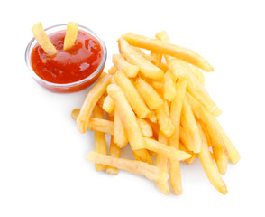 Yummy french fries with sauce on white background