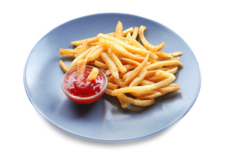 Plate with yummy french fries and sauce on white background
