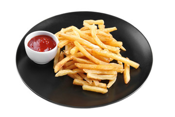 Plate with yummy french fries and sauce on white background