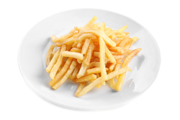 Plate with yummy french fries on white background