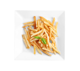 Plate with yummy french fries on white background