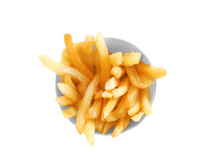 Bowl with yummy french fries on white background