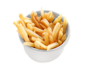 Bowl with yummy french fries on white background