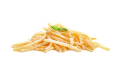 Yummy french fries on white background