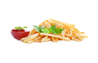Yummy french fries with sauce on white background