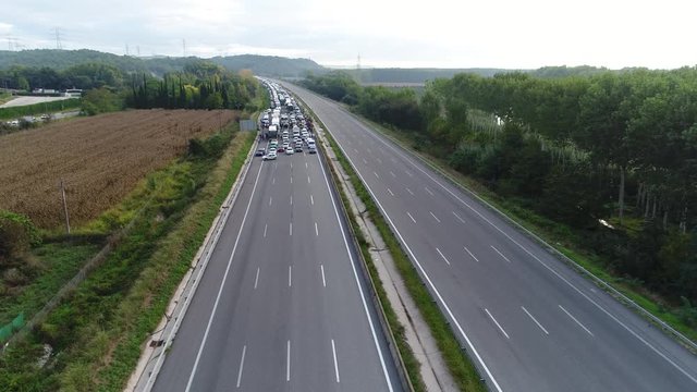 Aerial View of Blocked Highway near Barcelona Catalonia Strike Shut Down Protestors on October 3rd 2017 - Editorial journalistic Caption
