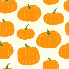Hand drawn orange pumpkin vector seamless pattern. Autumn halloween decoration, vegetable harvest season, thanksgiving line art. Freehand illustration for vegan cafe, restaurant, market, shop.