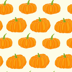 Hand drawn orange pumpkin vector seamless pattern. Autumn halloween decoration, vegetable harvest season, thanksgiving line art. Freehand illustration for vegan cafe, restaurant, market, shop.