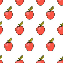Fresh apple hand drawn vector seamless pattern. Kids background for fabric textile, design greeting cards, wrapping paper, poster, package, print. Vegan fruits market. Autumn harvest. Tropical style.