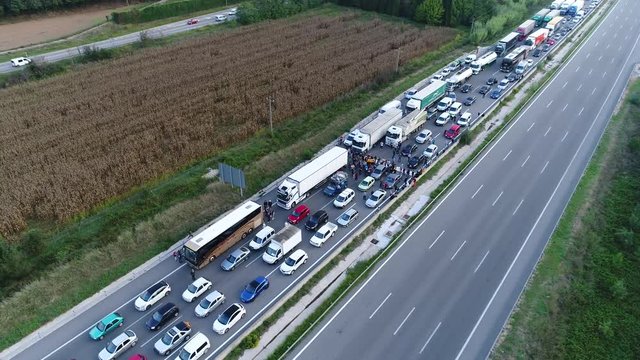 Aerial View of Blocked Highway near Barcelona Catalonia Strike Shut Down Protestors on October 3rd 2017 - Editorial journalistic Caption