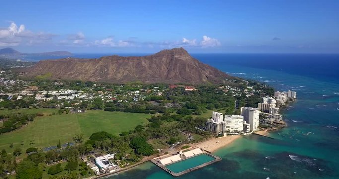 Aerial view of Waikiki Beach and Diamond Head Crater including the hotels and buildings in Waikiki, Honolulu, Oahu island, Hawaii, USA