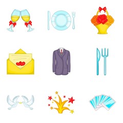 Hospitality icons set, cartoon style