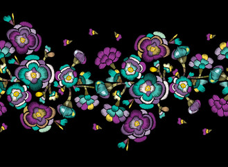 Embroidered floral border. Seamless frame of abstract flowers in Japanese style. Can be used for the design of clothing, textiles, patches, wallpapers and manufacturing