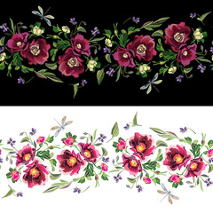 Embroidered floral border. Seamless pattern of flower bouquets. Can be used for the design of clothing, textiles, patches, wallpapers and manufacturing