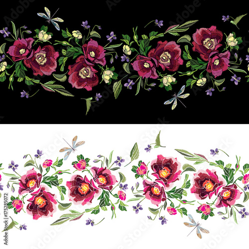 "Embroidered floral border. Seamless pattern of flower ...