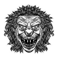 Evil scary clown monster with big nose and sharp teeth. Horror cartoon illustration isolated on white background. Vector.