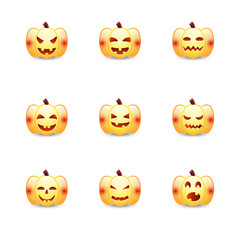 Halloween pumpkin vector icons emoticon set. Cute design elements with different emotion. Collection spooky horror images of pumpkins. Scary Jack-o-lantern facial expressions Illustration.
