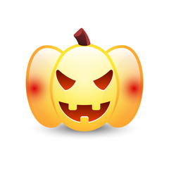 Realistic vector Halloween pumpkin with candle inside. Happy face Halloween pumpkin isolated on white background.