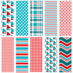 Nautical seamless pattern set. Repeating patterns for fabric, gift wrap, backgrounds, scrapbooking and more. Sailboat, plaid, stripe, anchor, gingham and chevron prints. Red, white and blue. 