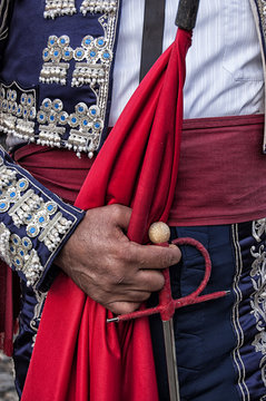 Detail of a bullfighter costume in Madrid, Spain