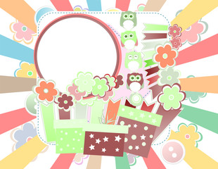 Background with owl, flowers, birds and gift boxes . Invitation card with cute cartoon animal