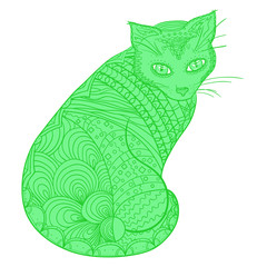 Cat. Design Zentangle. Hand drawn animal with abstract patterns on isolation background. Design for spiritual relaxation for adults. Decorative style. Print for polygraphy, posters and textiles