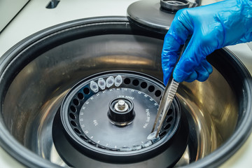 Scientist taking out test tubes with DNA samples from centrifuge