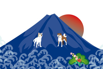 柴犬と日の出と青い山の和風ポストカード