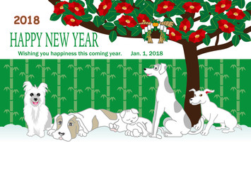 Naklejka premium 犬たちとねこと椿の花の年賀状テンプレート戌年