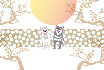Obraz na płótnie Canvas 二匹の犬と梅の木と日の出のイラストポストカード