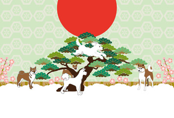 柴犬と松の木のイラストの和風ポストカード