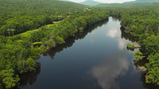 Aerial, winding Penobscot River in Maine landscape